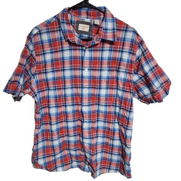 Dockers Button Front Shirt Mens Size Large Red Blue Plaid Short Sleeve Top - Picture 1 of 4